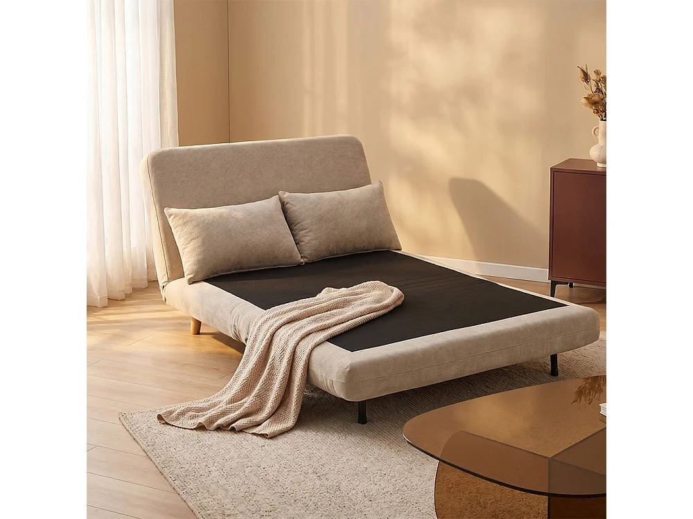 Nella - Canapé convertible 2 places en tissu pieds bois clair - Beige