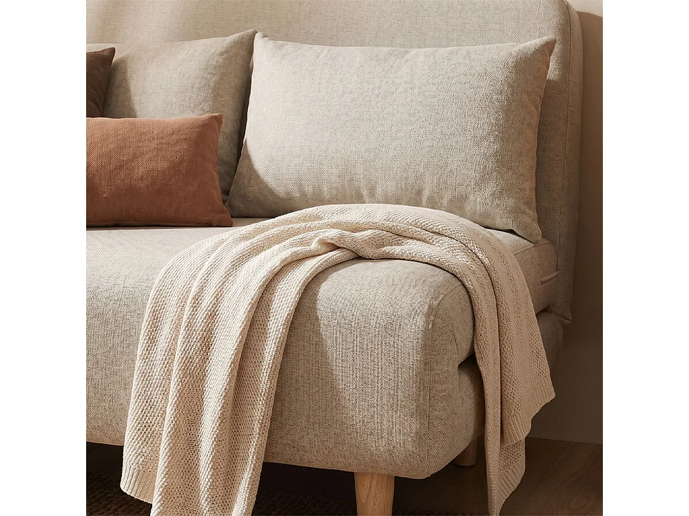 Nella - Canapé convertible 2 places en tissu pieds bois clair - Beige