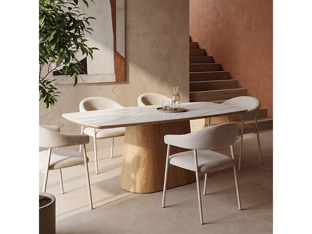 Leon - Lot de 2 fauteuils de table en tissu et métal - Beige