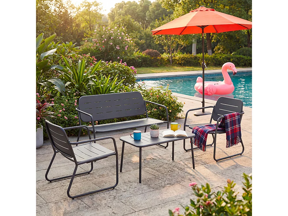 Zaro - Salon de jardin 4 places en métal - Gris foncé
