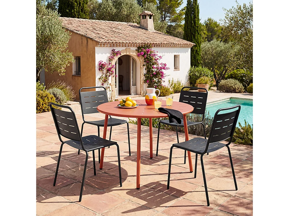 Zola - Table à manger de jardin 4 personnes ronde en métal  - Terracotta