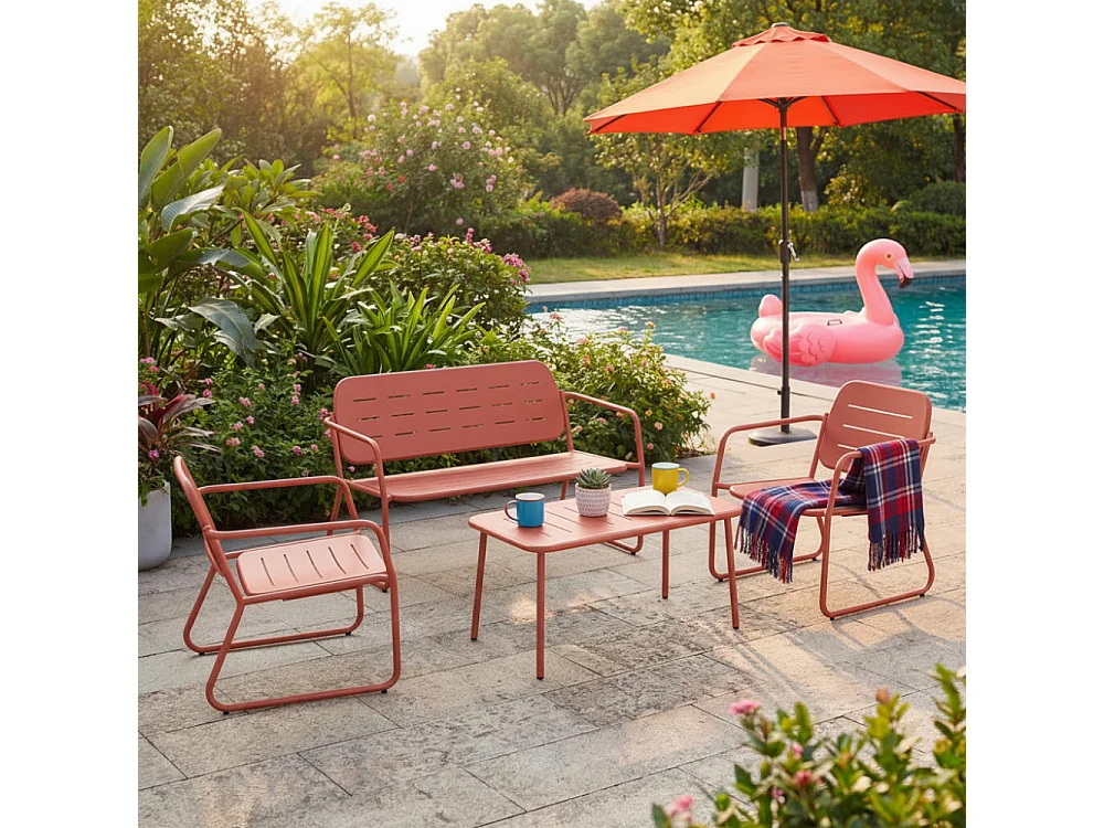 Zaro - Salon de jardin 4 places en métal - Terracotta