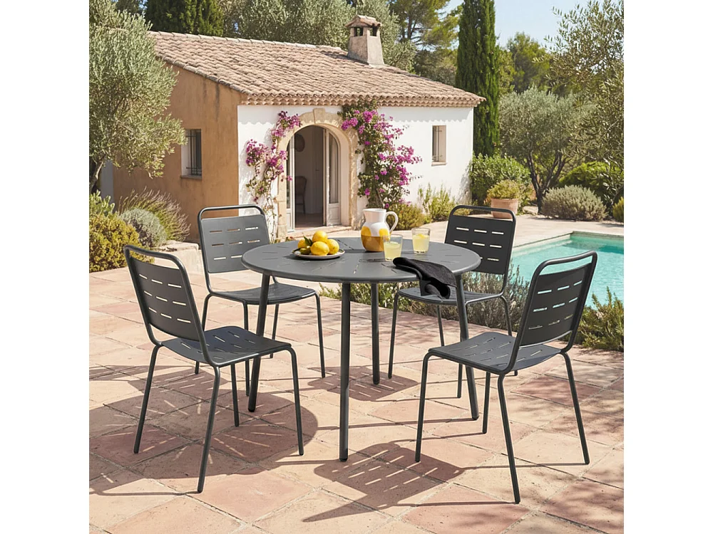Zola - Table à manger de jardin 4 personnes ronde en métal  - Gris foncé