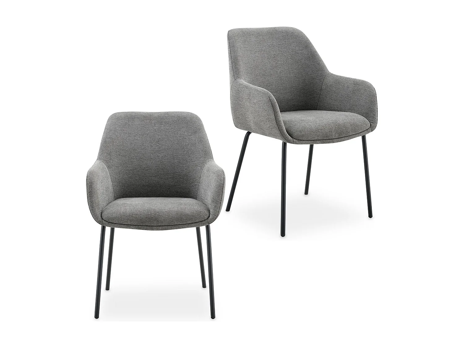 Lot de 2 Chaises de Salle à Manger TURSI en Tissu Gris Avec Accoudoirs, Assise Rembourrée et Dossier Enveloppant, Pieds en Métal