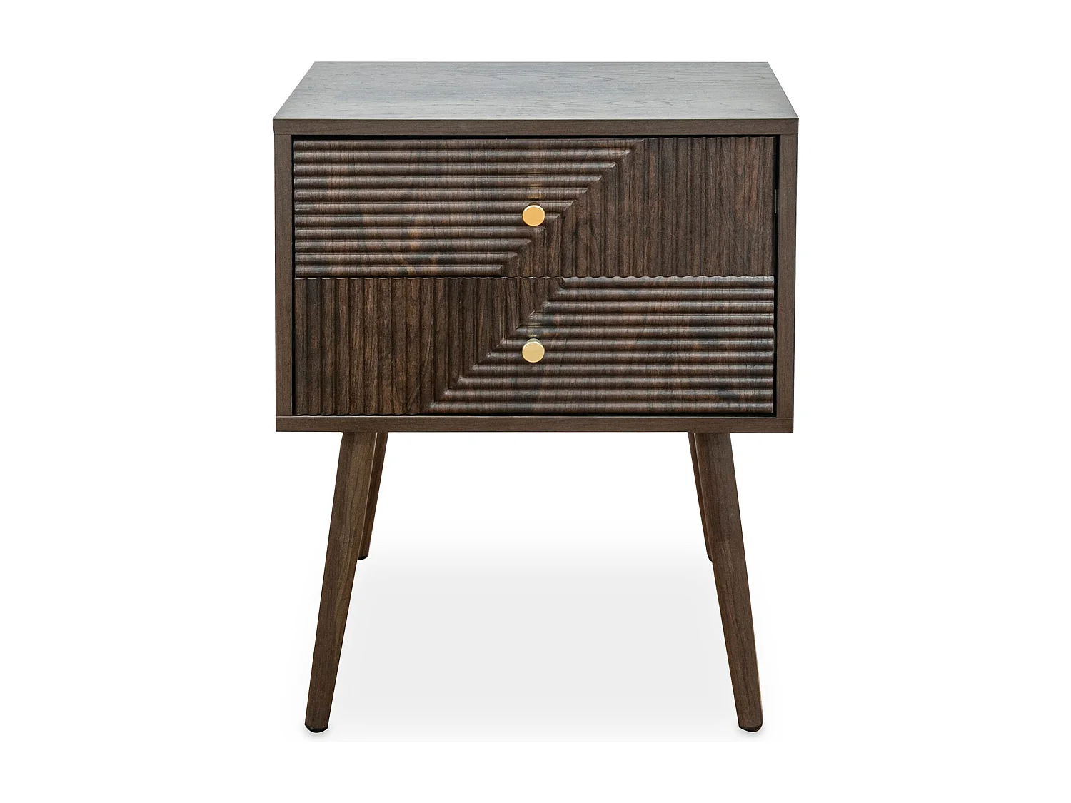 Table de Chevet LIVIA H 60 cm Avec 2 Tiroirs en Bois Brun Foncé, Façades Striées, Poignées en Métal