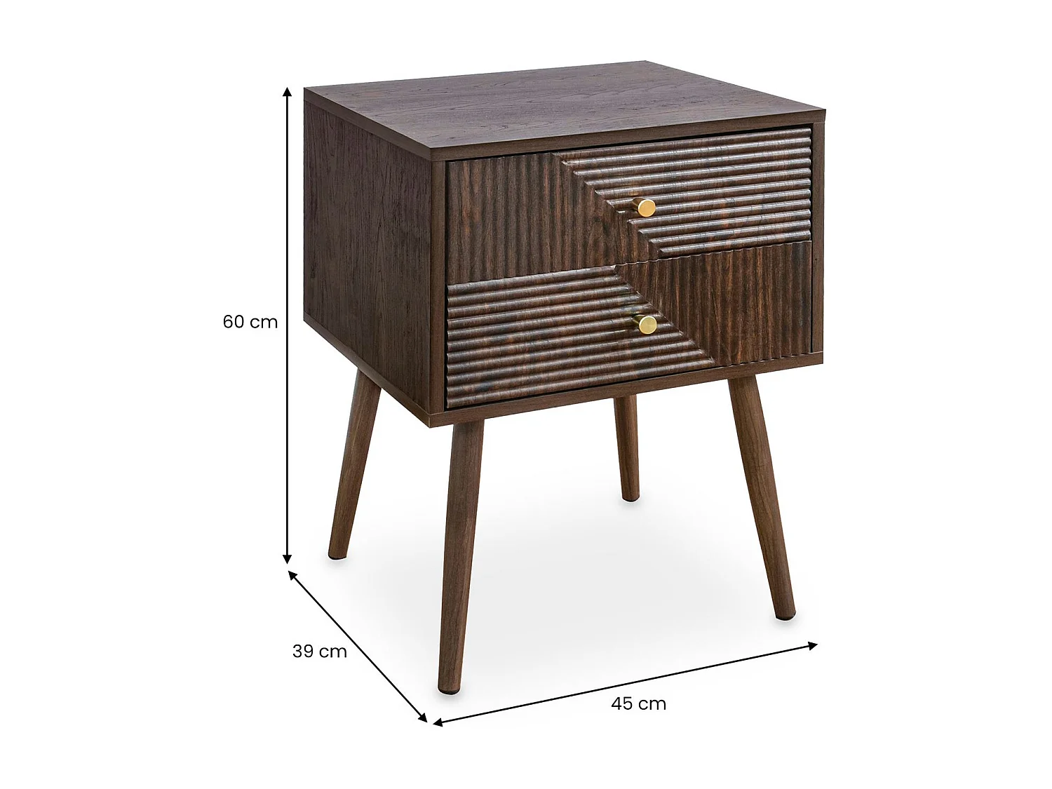 Table de Chevet LIVIA H 60 cm Avec 2 Tiroirs en Bois Brun Foncé, Façades Striées, Poignées en Métal