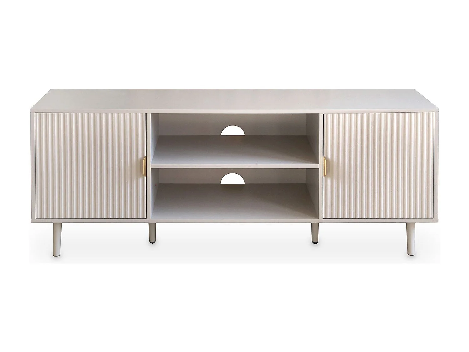Meuble TV ZELDA L 147 cm avec 2 Portes et 2 Niches en Bois Blanc Cachemire Style Strié, Pour Téléviseurs jusqu'à 65"
