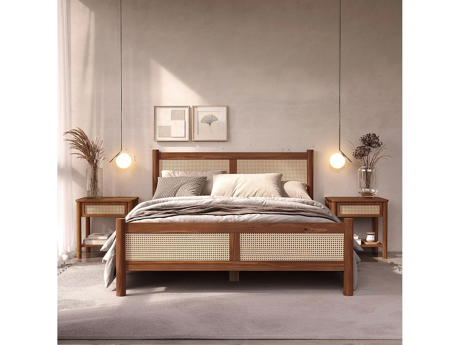 Lit Double 140x190 CEFIRA, Couleur Châtaigne, Tête & Pied de Lit en Rotin Tressé en bois massif