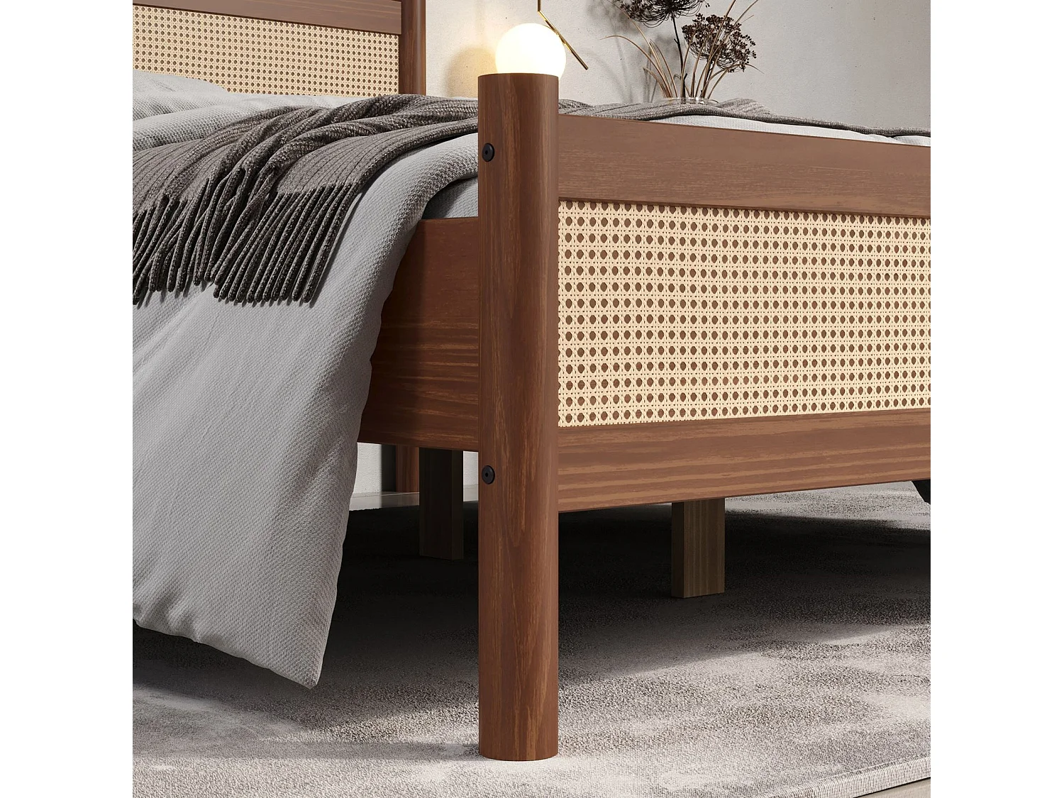 Lit Double 160x200 CEFIRA, Couleur Châtaigne, Tête & Pied de Lit en Rotin Tressé en bois massif