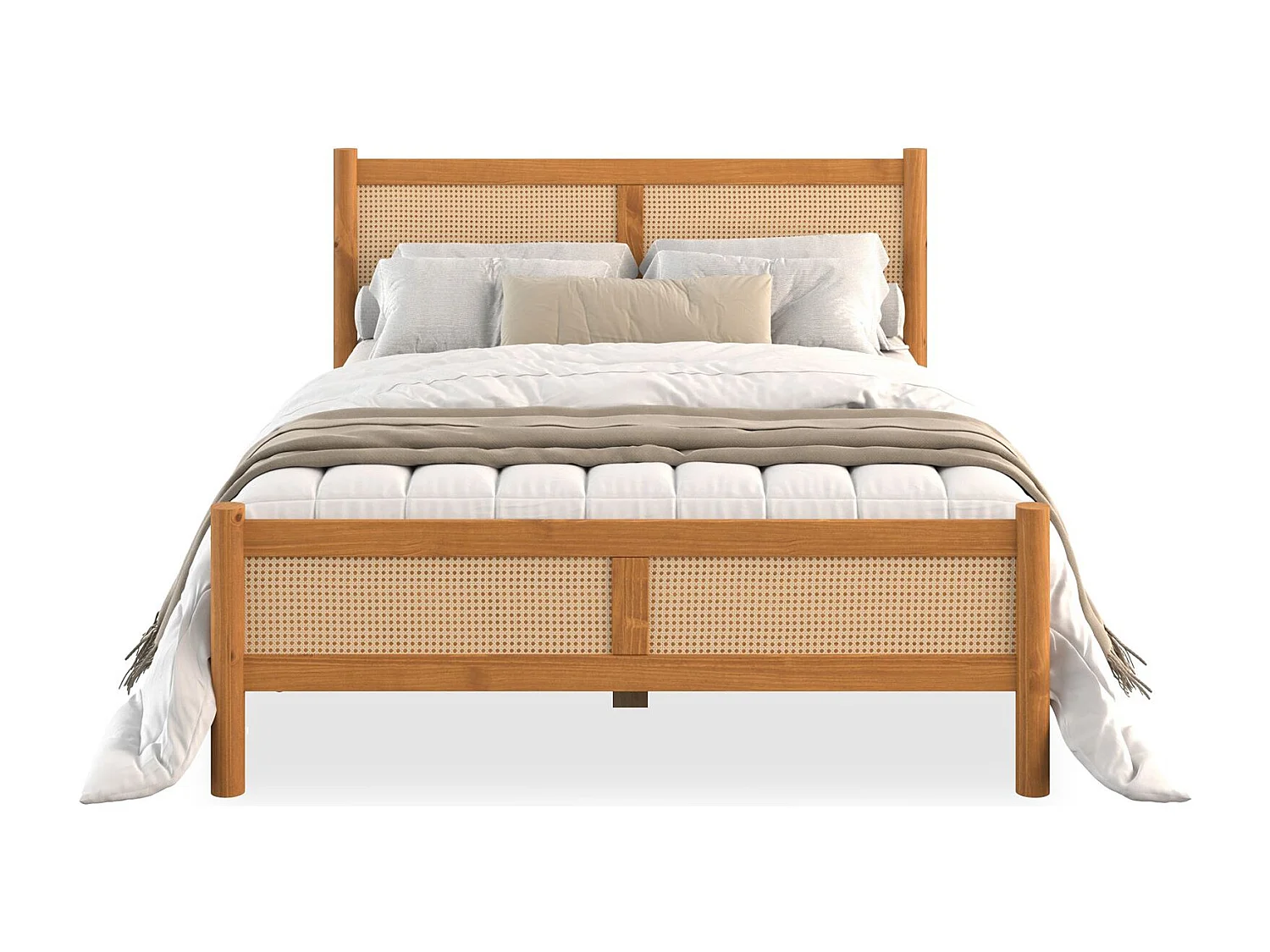 Lit Double 160x200 CEFIRA, Couleur Chêne, Tête & Pied de Lit en Rotin Tressé en bois massif
