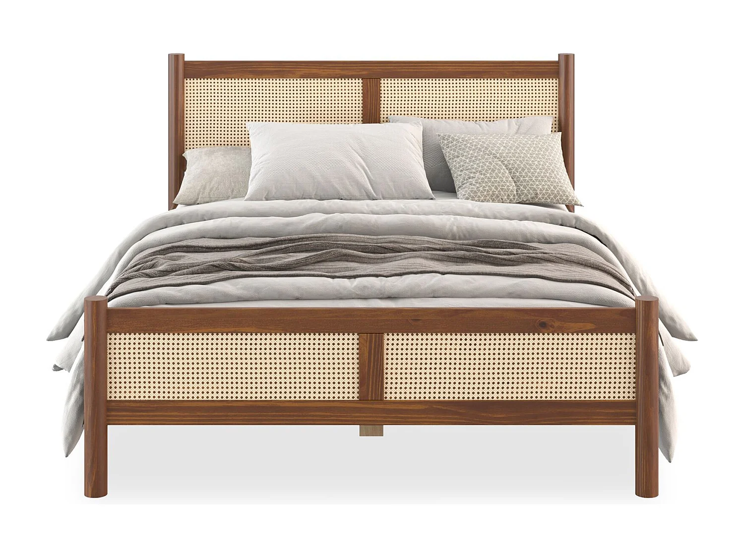 Lit Double 140x200 CEFIRA, Couleur Châtaigne, Tête & Pied de Lit en Rotin Tressé en bois massif
