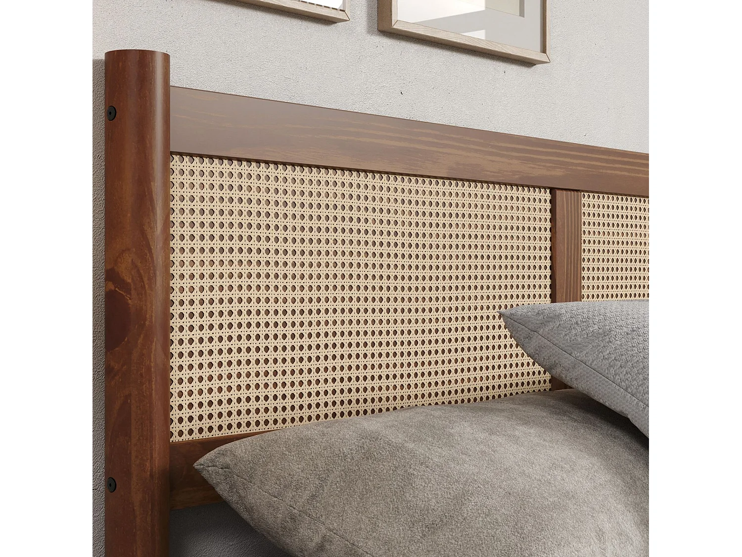 Lit Double 140x200 CEFIRA, Couleur Châtaigne, Tête & Pied de Lit en Rotin Tressé en bois massif