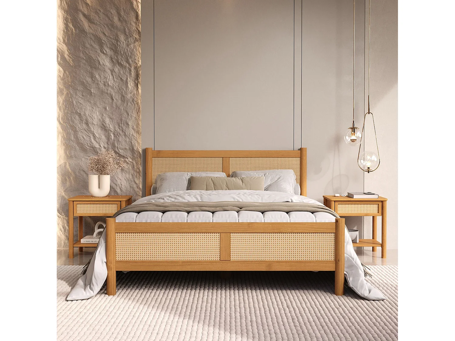Lit Double 140x200 CEFIRA, Couleur Chêne, Tête & Pied de Lit en Rotin Tressé en bois massif