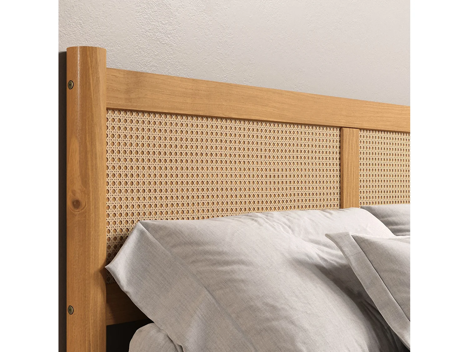 Lit Double 140x200 CEFIRA, Couleur Chêne, Tête & Pied de Lit en Rotin Tressé en bois massif