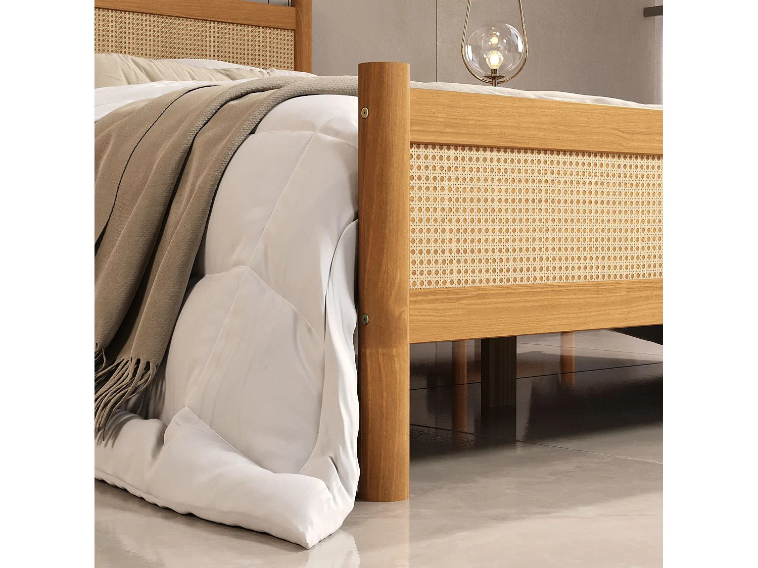 Lit Double 140x200 CEFIRA, Couleur Chêne, Tête & Pied de Lit en Rotin Tressé en bois massif