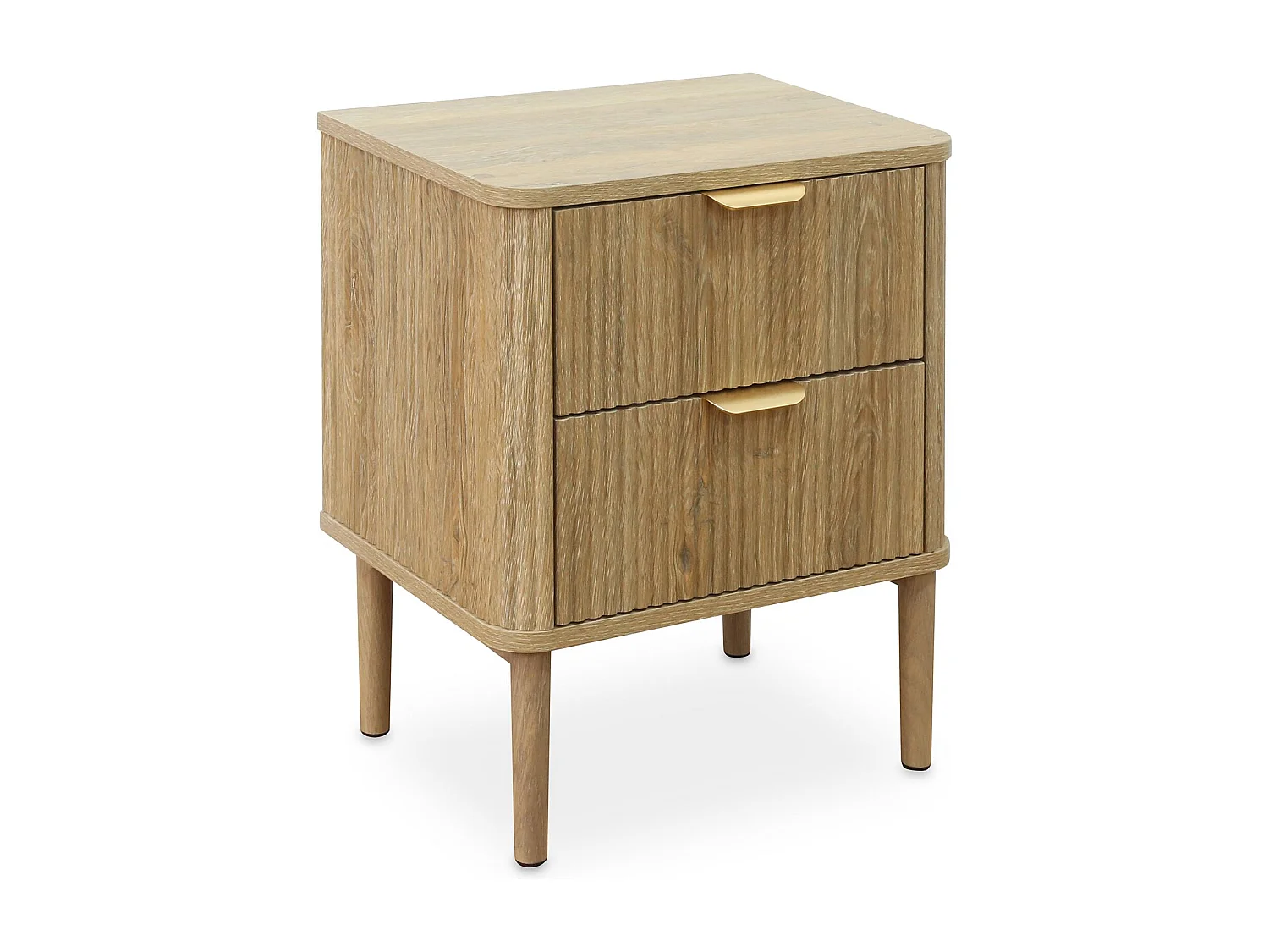 Table de Chevet ALMA H 50 cm Avec 2 Tiroirs en Bois Couleur Chêne, Façades Striées, Poignées en Métal