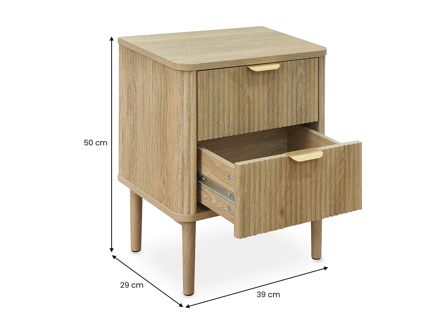 Table de Chevet ALMA H 50 cm Avec 2 Tiroirs en Bois Couleur Chêne, Façades Striées, Poignées en Métal