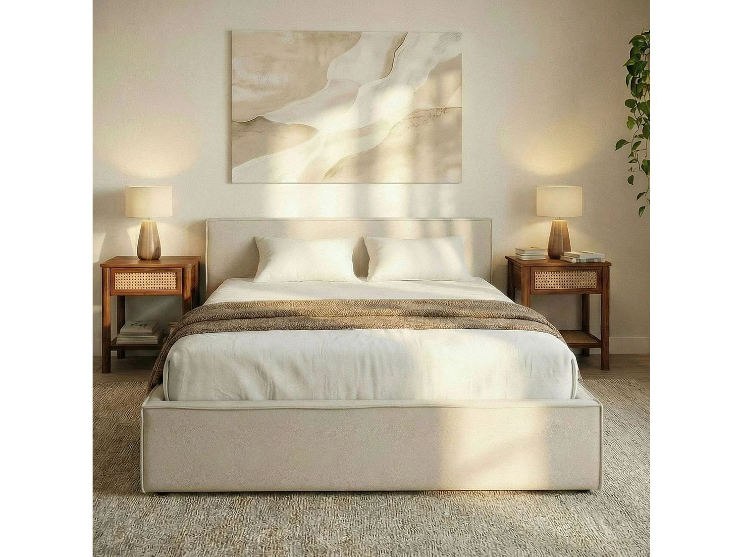 Lit Double PESARO rembourré 140x190 cm avec Sommier Inclus et Tête de lit en Tissu, Blanc Crème, Lit 2 Places Rembourré