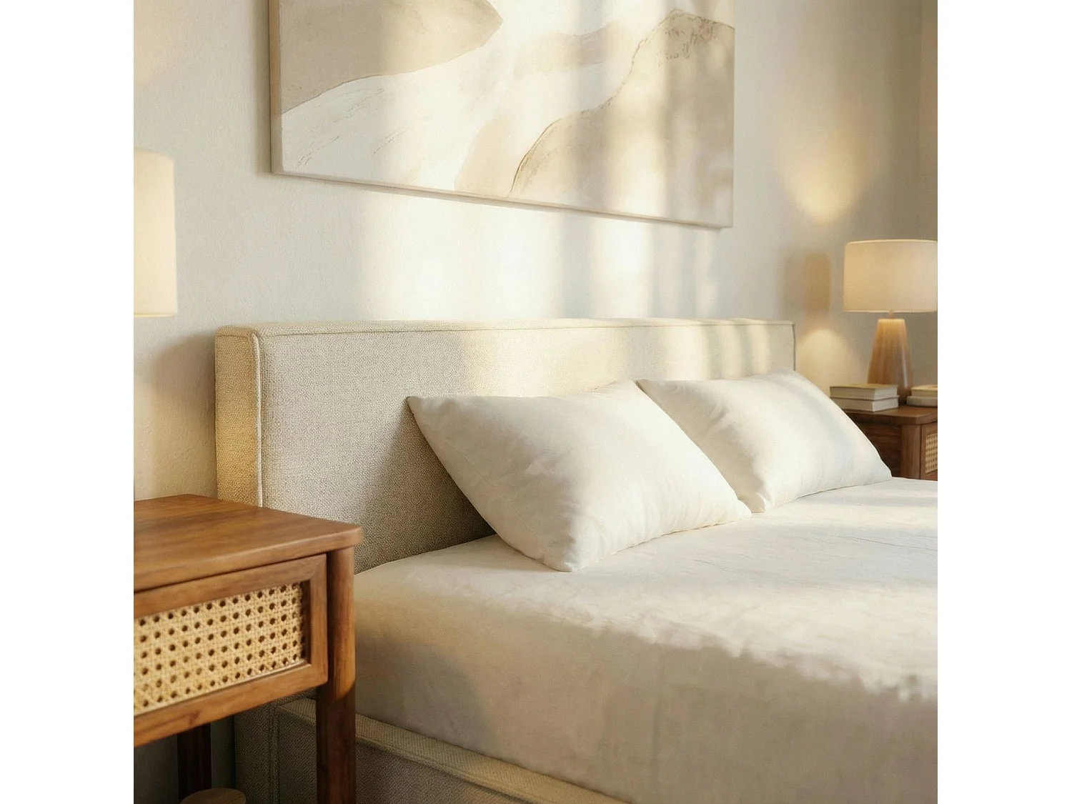 Lit Double PESARO rembourré 140x190 cm avec Sommier Inclus et Tête de lit en Tissu, Blanc Crème, Lit 2 Places Rembourré