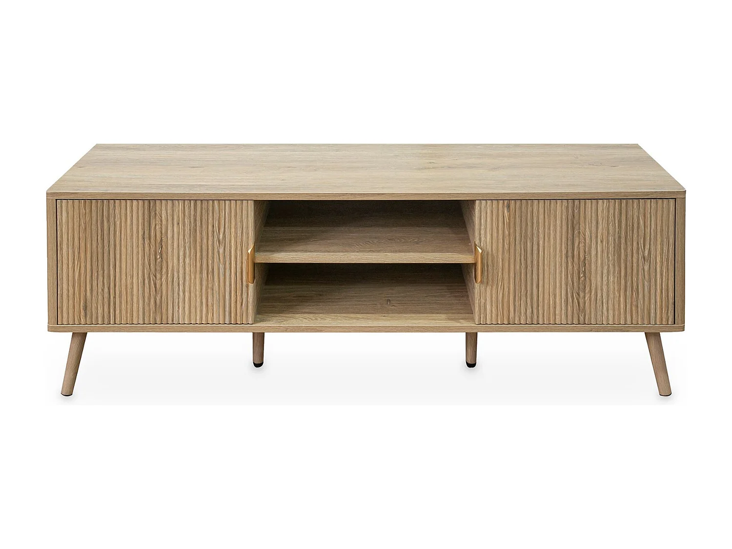 Meuble TV ALMA L 137 cm avec 2 Portes et 2 Niches en Bois Couleur Chêne Style Cannelé, Design Moderne et Façade Rainurée