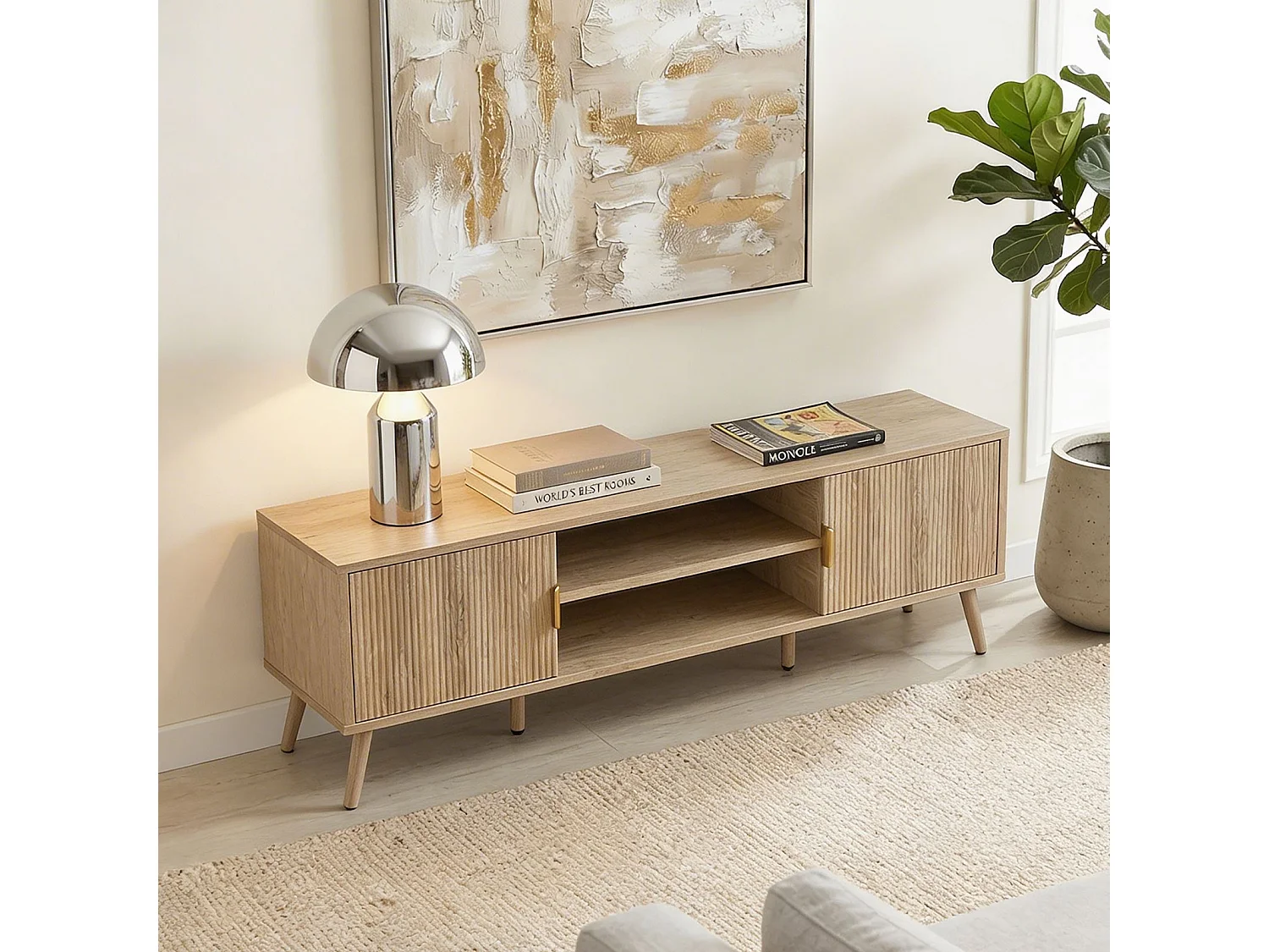 Meuble TV ALMA L 137 cm avec 2 Portes et 2 Niches en Bois Couleur Chêne Style Cannelé, Design Moderne et Façade Rainurée
