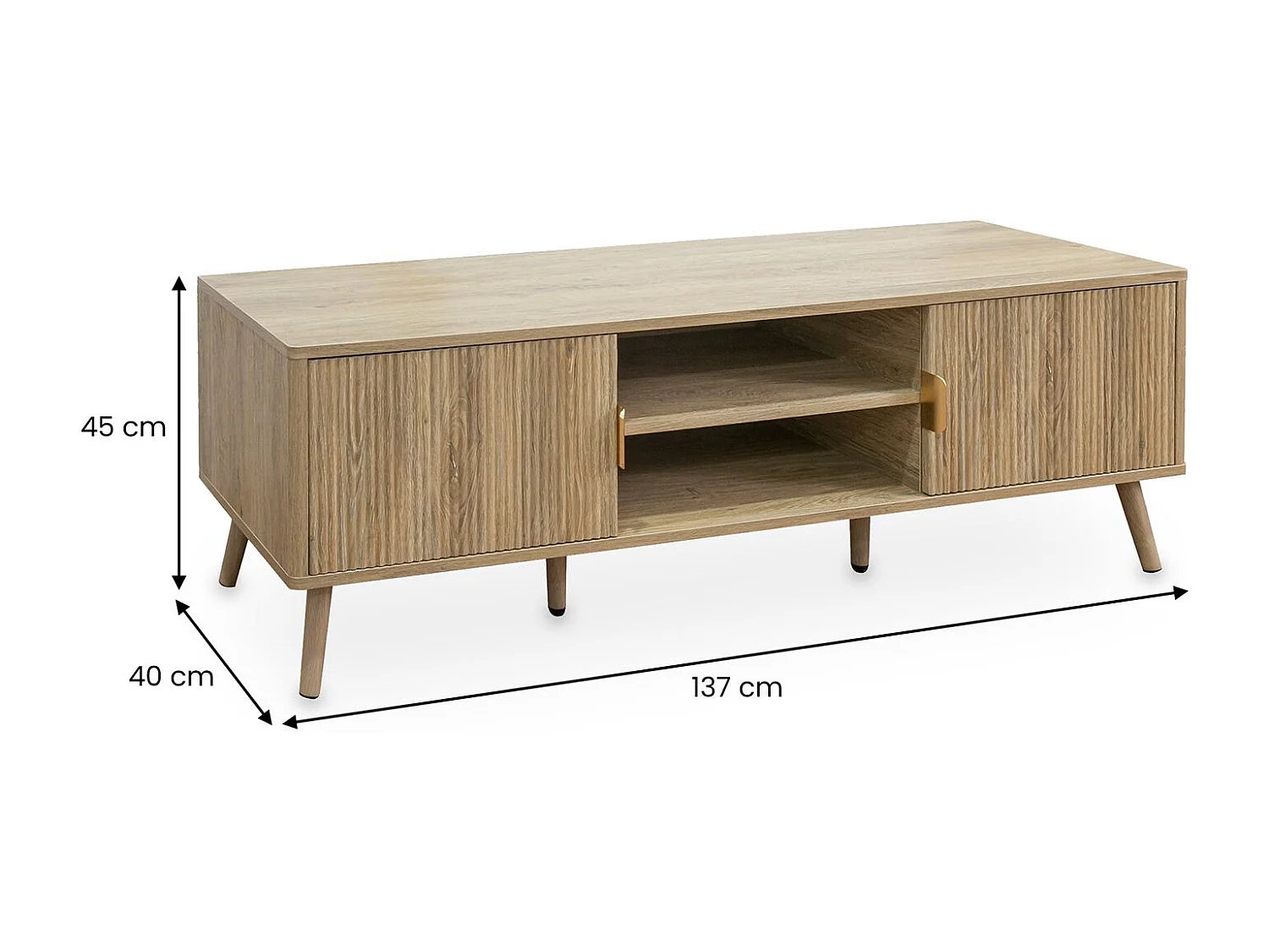 Meuble TV ALMA L 137 cm avec 2 Portes et 2 Niches en Bois Couleur Chêne Style Cannelé, Design Moderne et Façade Rainurée