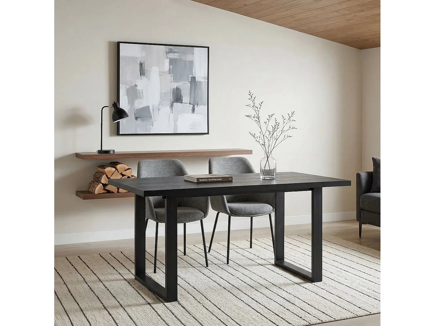 Table à Manger LESINA Rectangulaire L 160 cm pour 6 Personnes, Design Moderne avec Plateau Aspect Bois Noir et Pieds Métalliques