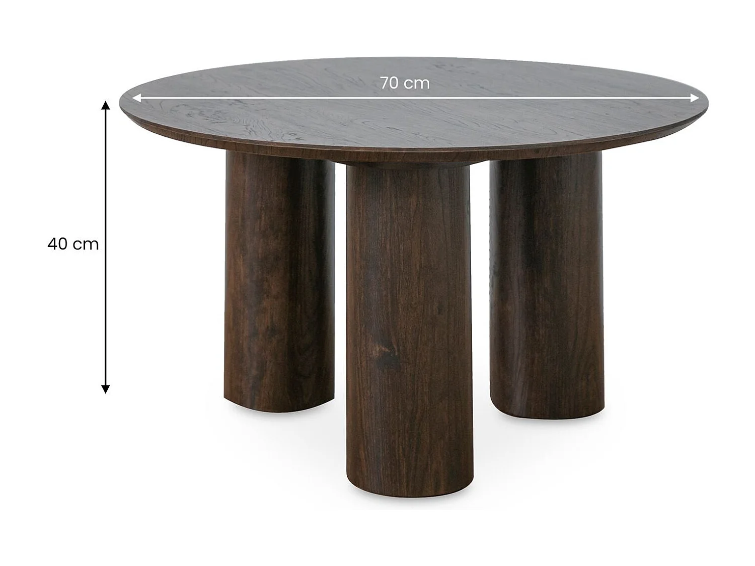 Table Basse Ronde ESTER Ø 70 cm en Bois Brun Foncé, Design Sculptural avec Pieds Cylindriques et Plateau Rond, Moderne et Élégante