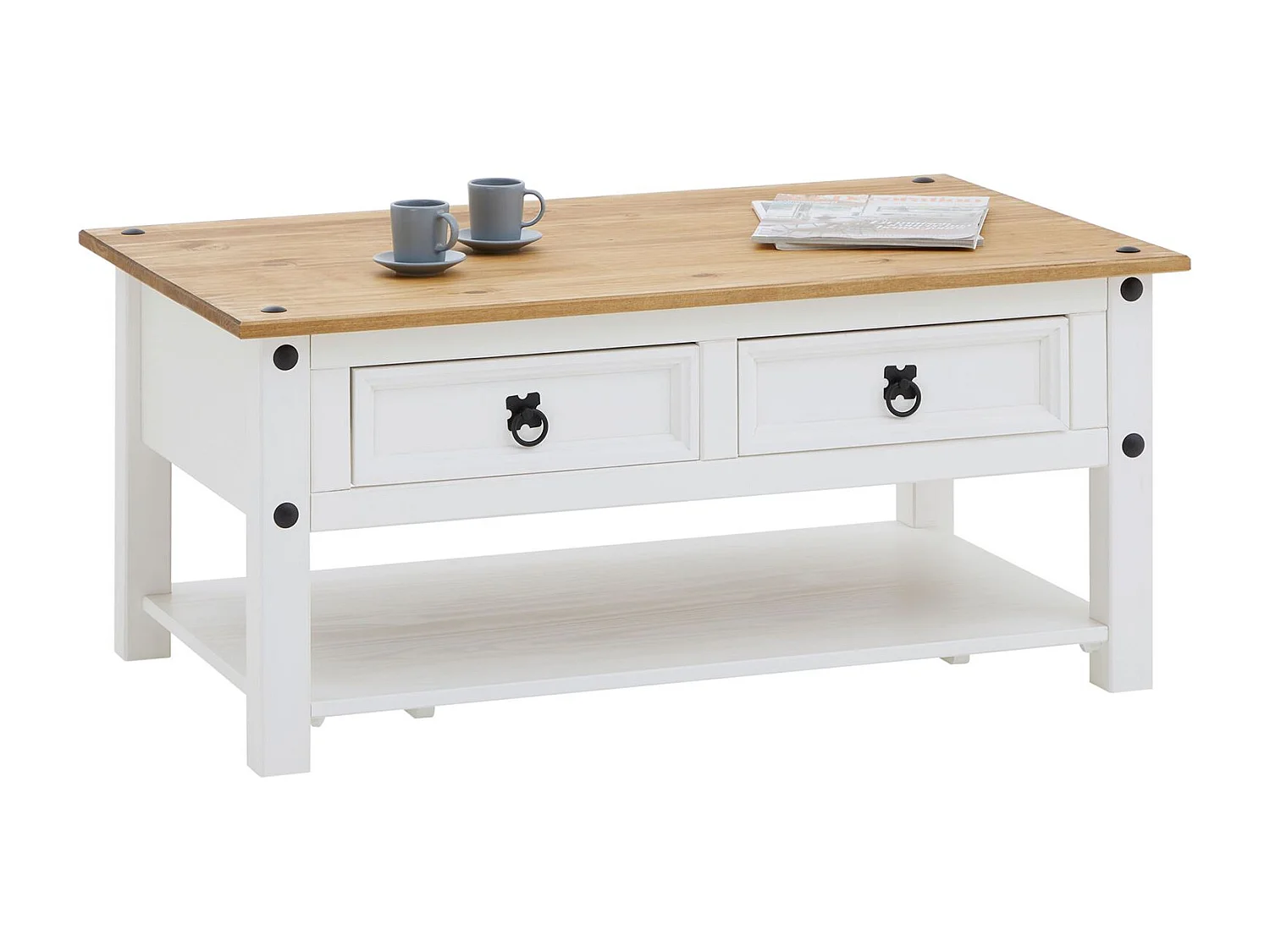 Table basse CAMPO en Bois Massif Blanc et Brun rectangulaire avec 2 Tiroirs et 1 Étagère