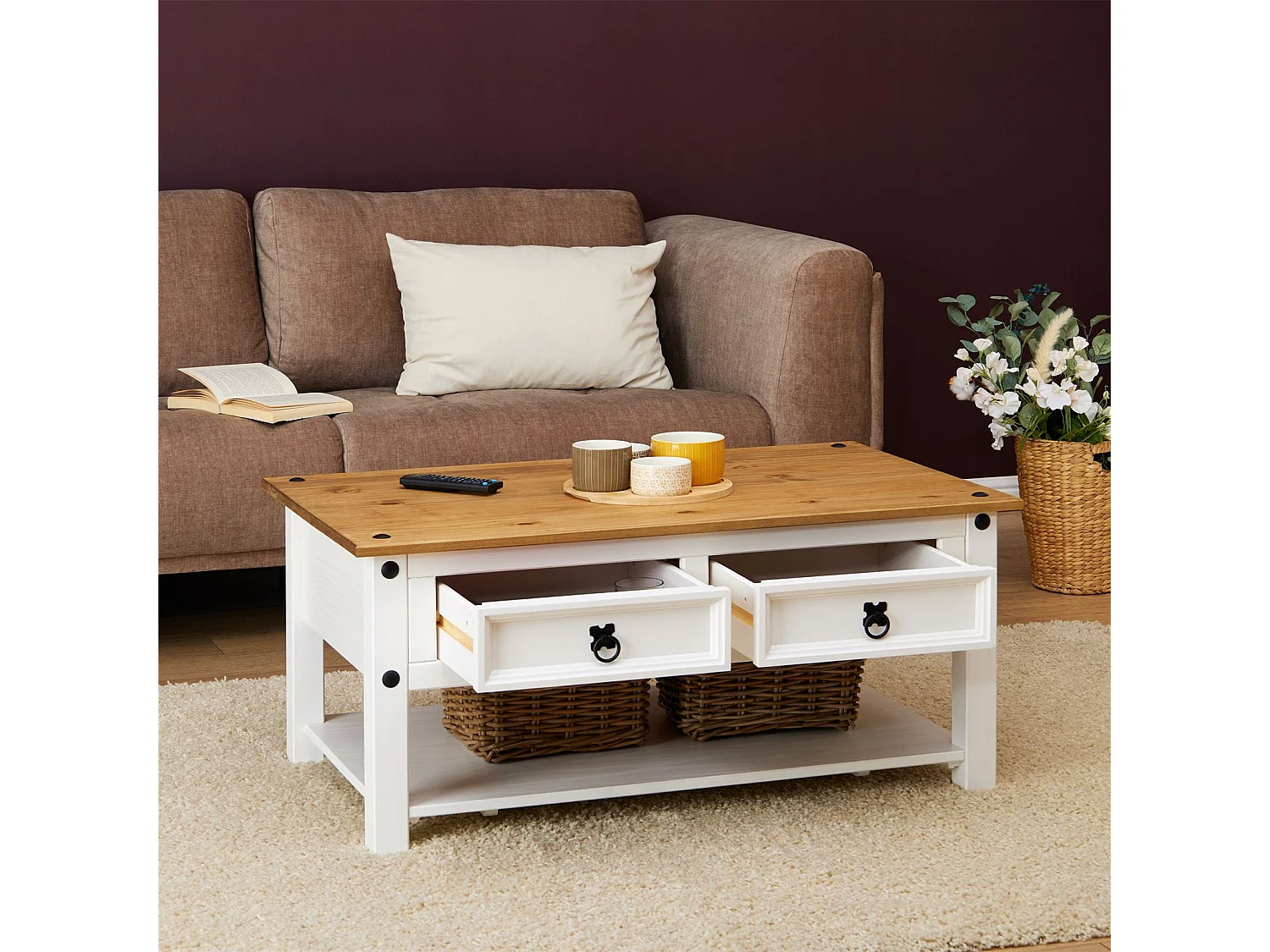 Table basse CAMPO en Bois Massif Blanc et Brun rectangulaire avec 2 Tiroirs et 1 Étagère