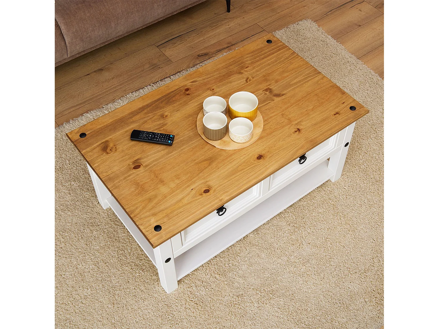 Table basse CAMPO en Bois Massif Blanc et Brun rectangulaire avec 2 Tiroirs et 1 Étagère