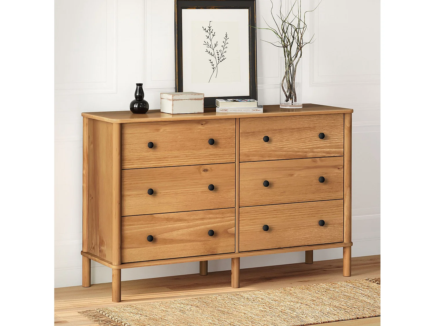 Commode chambre APOANA L 132 cm 6 tiroirs en bois massif coloris chêne, meuble de rangement pour vêtements