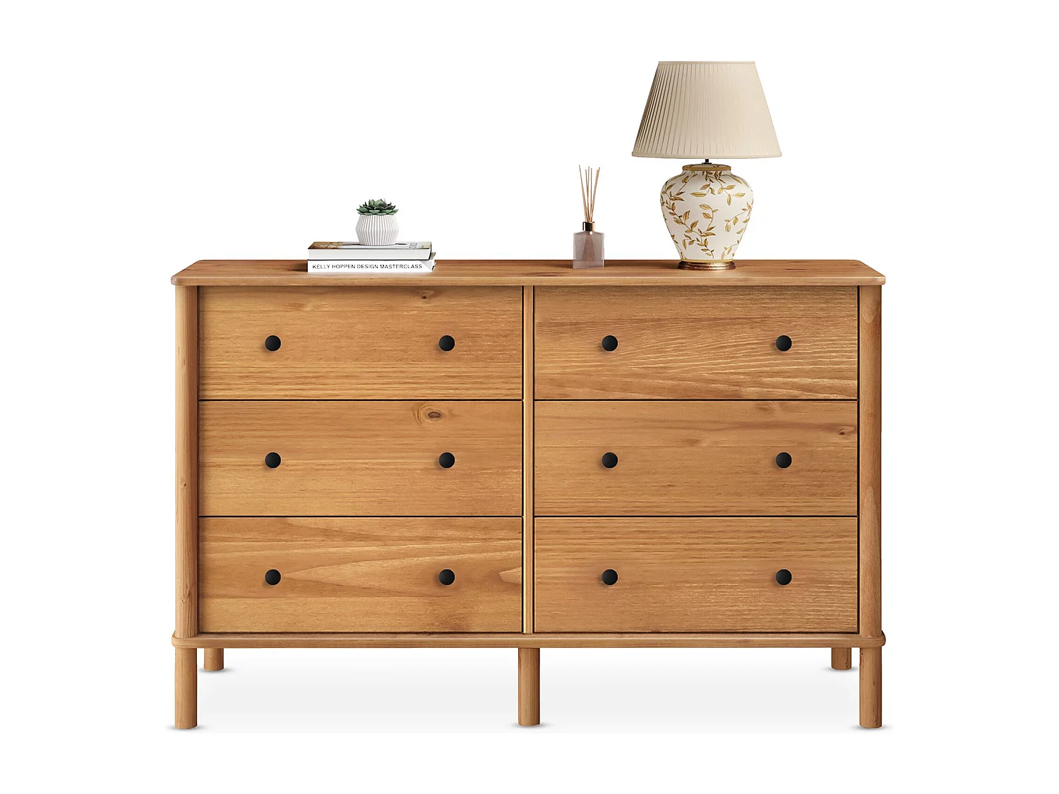 Commode chambre APOANA L 132 cm 6 tiroirs en bois massif coloris chêne, meuble de rangement pour vêtements