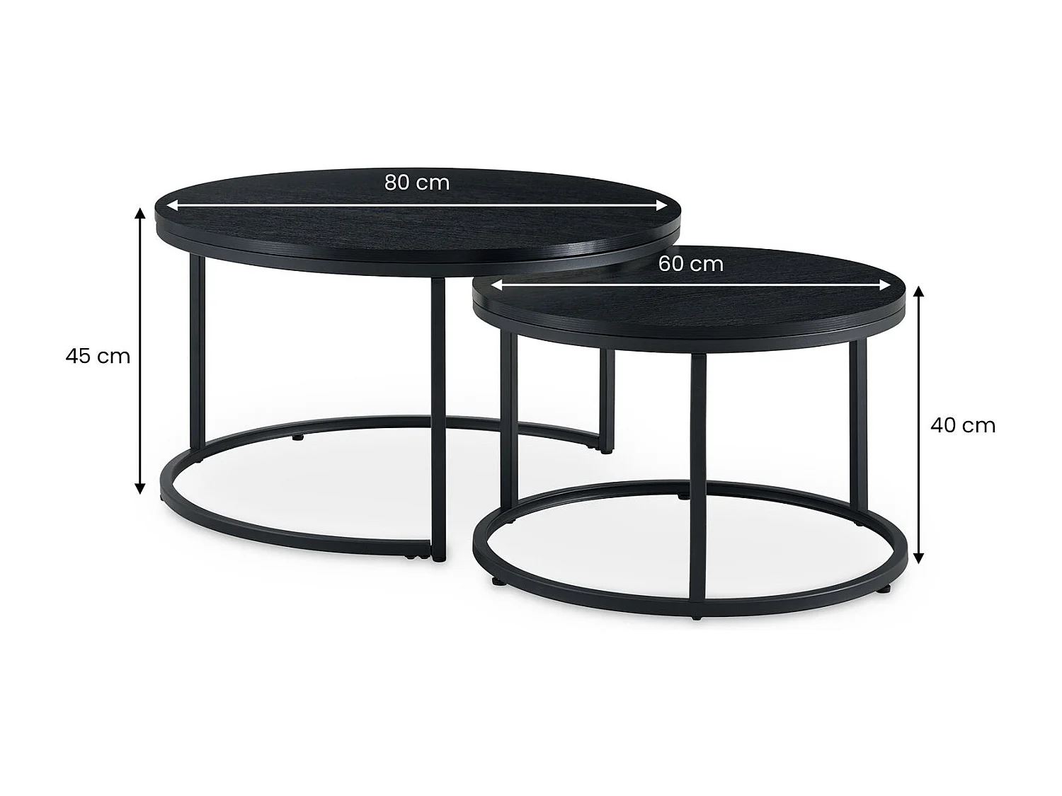 Tables Basses Gigognes TOURS, Rondes Ø 80 cm, Plateaux en MDF Décor Bois Noir, Lot de 2 Tables de Salon Gigognes
