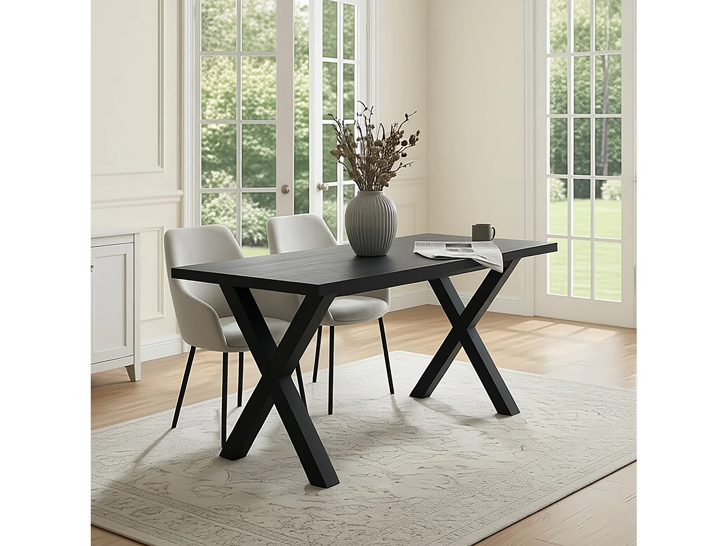 Table à Manger OSIMO Rectangulaire L 160 cm pour 6 Personnes, Design Moderne avec Plateau Effet Bois Noir et Pieds Métalliques