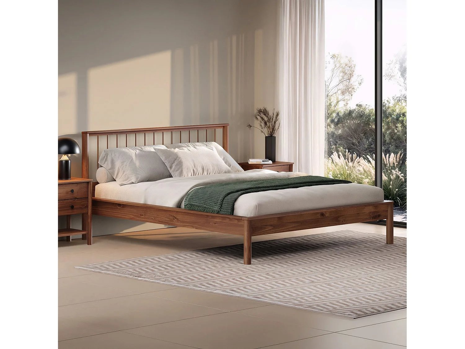 Lit 180 x 200 avec sommier APOANA en bois massif coloris châtaignier, cadre robuste avec tête de lit à barreaux, lit adulte double