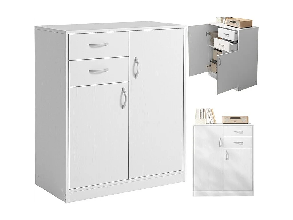 Comò moderno con cassetti e ripiani, stile loft, bianco, scaffale, mobile con ante, 74 cm