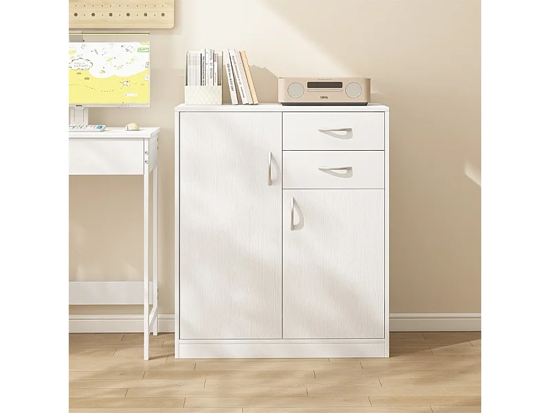 Comò moderno con cassetti e ripiani, stile loft, bianco, scaffale, mobile con ante, 74 cm