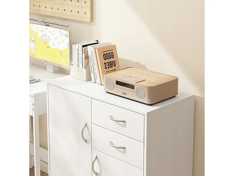 Comò moderno con cassetti e ripiani, stile loft, bianco, scaffale, mobile con ante, 74 cm
