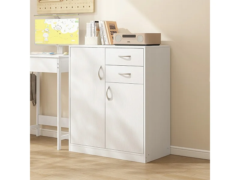 Comò moderno con cassetti e ripiani, stile loft, bianco, scaffale, mobile con ante, 74 cm