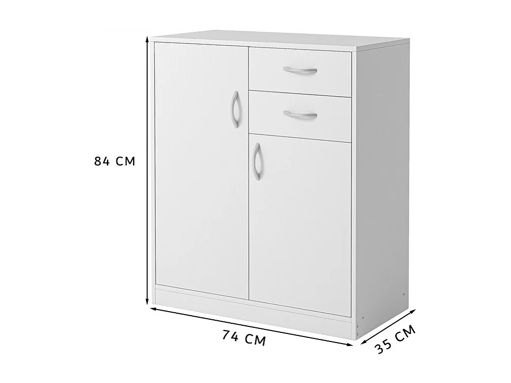 Comò moderno con cassetti e ripiani, stile loft, bianco, scaffale, mobile con ante, 74 cm