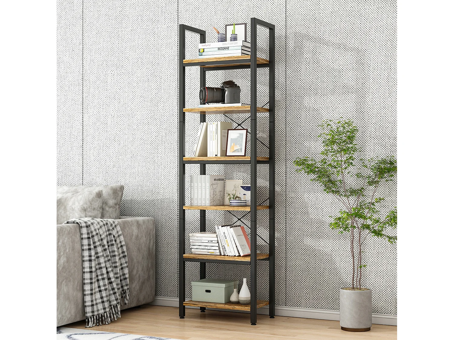 Étagère de bureau pour livres, bibliothèque haute, colonne industrielle vintage