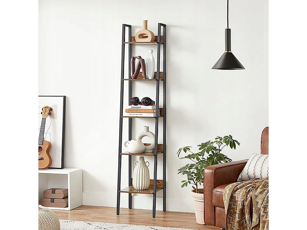 Estantería industrial de pie negra con 5 estantes, tipo escalera, para libros, estilo loft moderno