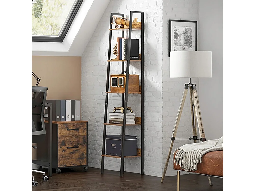 Estantería industrial de pie negra con 5 estantes, tipo escalera, para libros, estilo loft moderno
