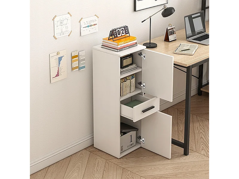 Estante de escritório com gaveta, 2 prateleiras, armário branco, livros, pastas, estilo loft, 85 cm