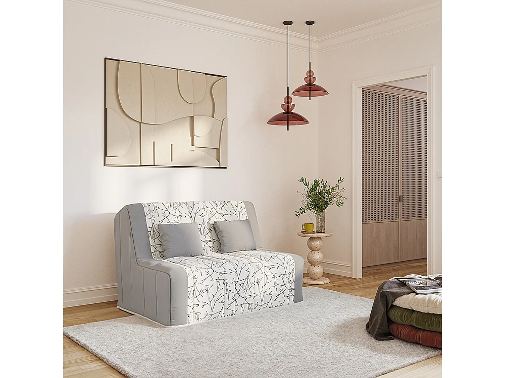 Banquette convertible GAIA BZ , couchage 160x200, avec 2 coussins OFFERTS, gris feuilles