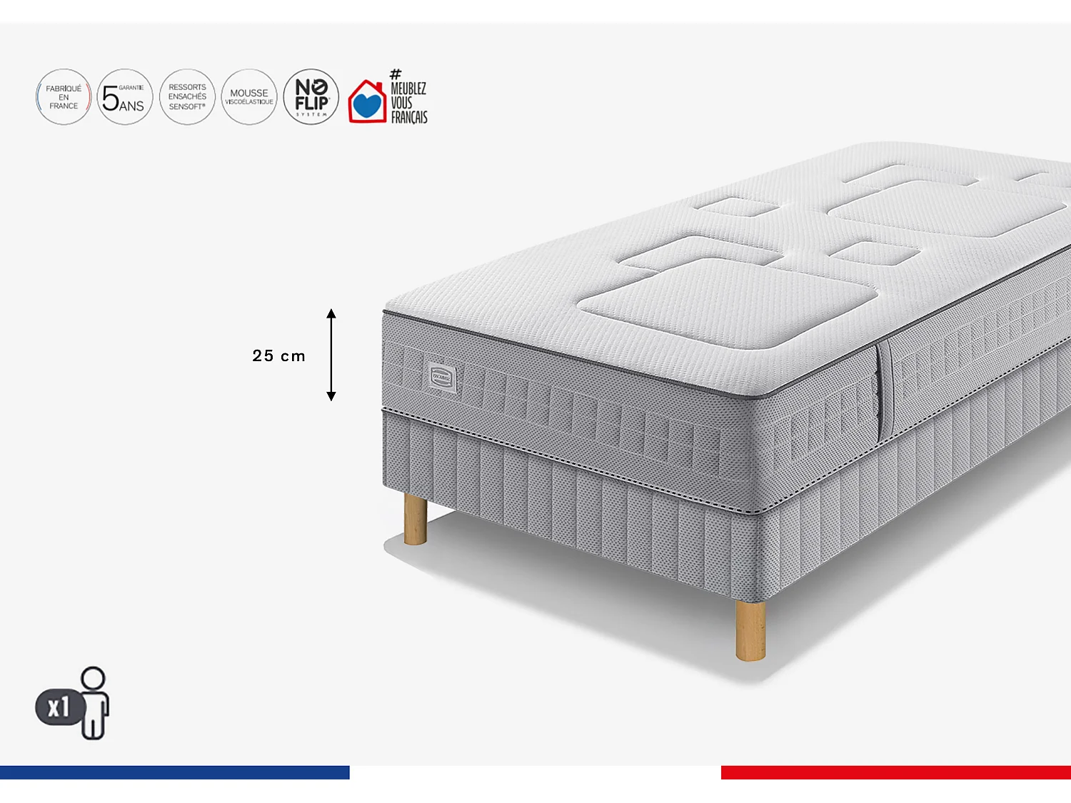 Ens EQUILIBRE 90x200 matelas H25 ressort ensachés, ferme, sommier