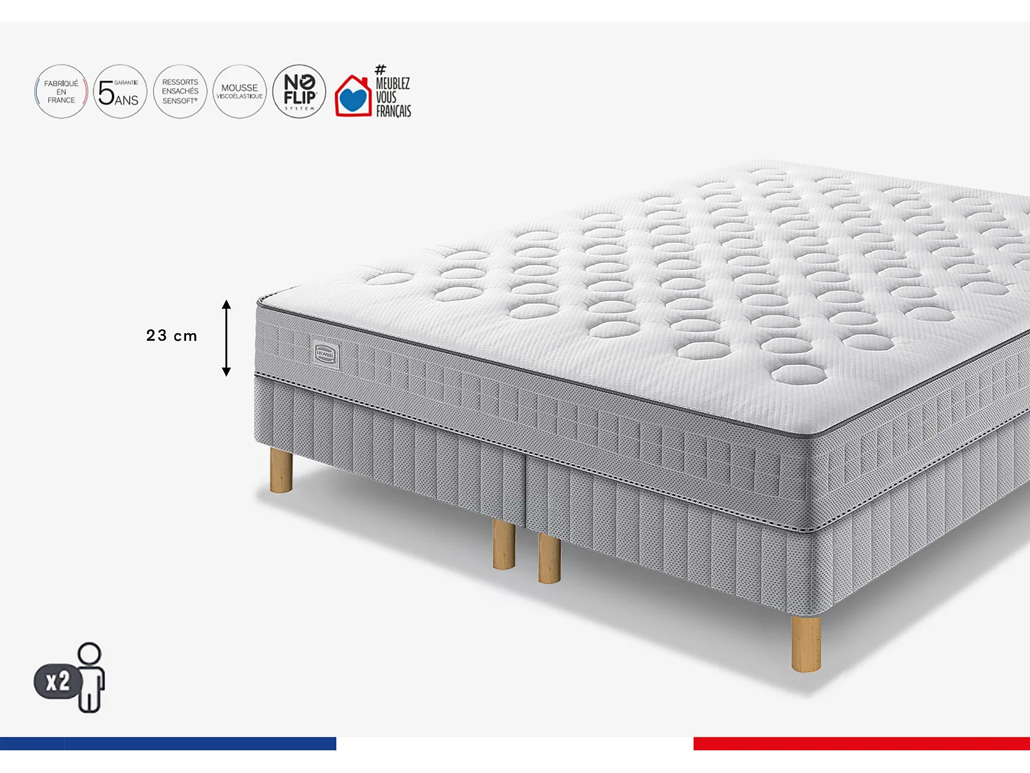 Ensemble INITIAL 180x200, SOM 2X90X200, ressorts ensachés, ferme, H23 + 2 OREILLERS