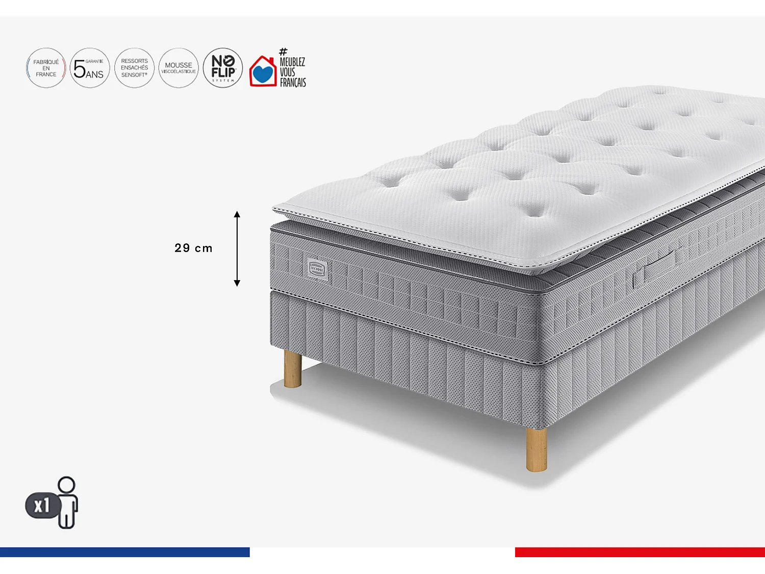 Ens EXTENSION 90x190 matelas H29 Hybride, ferme, sommier