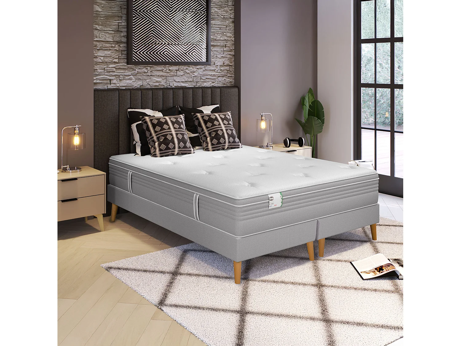 Ens LE VISIONNAIRE 200x200 matelas H27 ressort ensachés, ferme, 2 sommiers